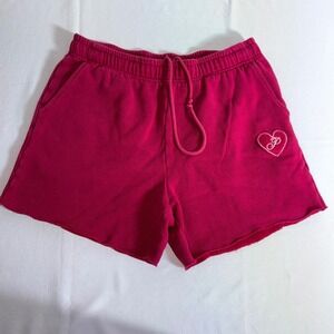 PINK Sweatshorts Large Red Excellent Raw Hem Heart Logo Fleece Lounge Shorts